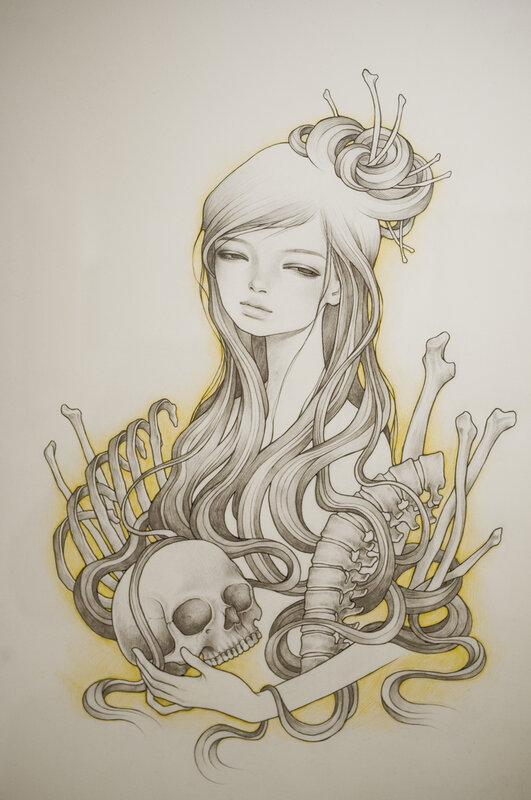 skeletal woman with skull