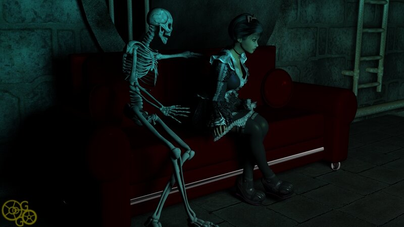 skeleton and girl on couch