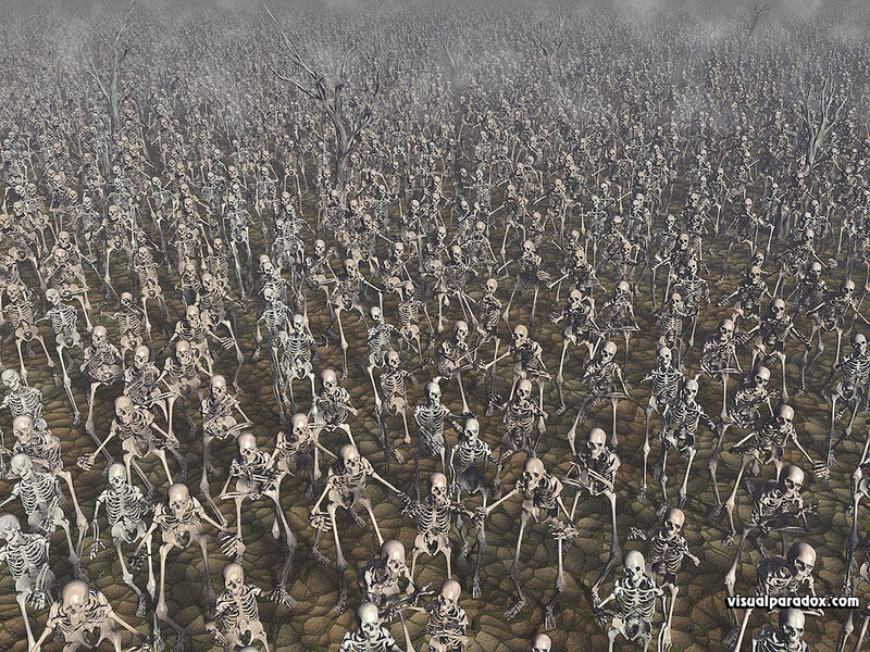 skeleton army in a foggy field