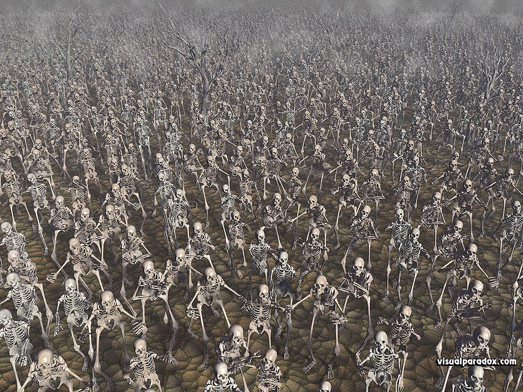 skeleton army in a foggy field