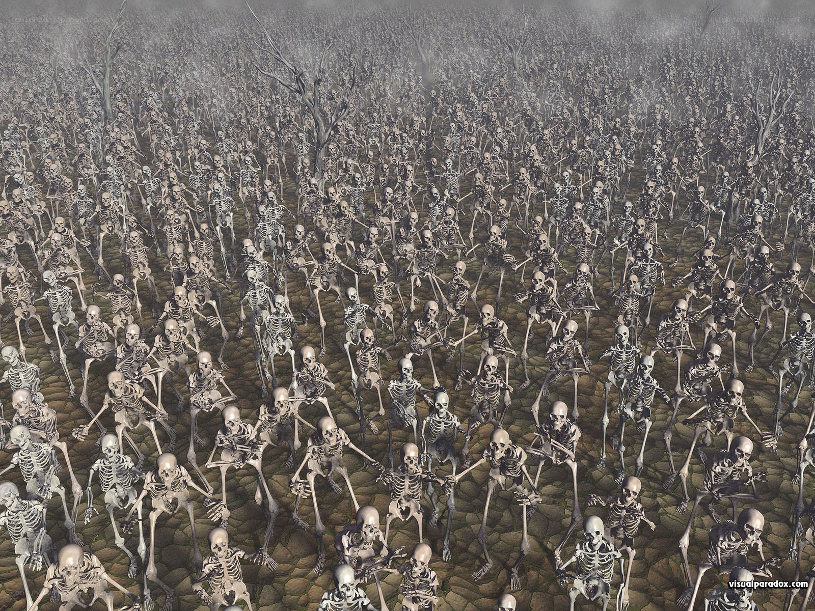 skeleton army on cobblestones