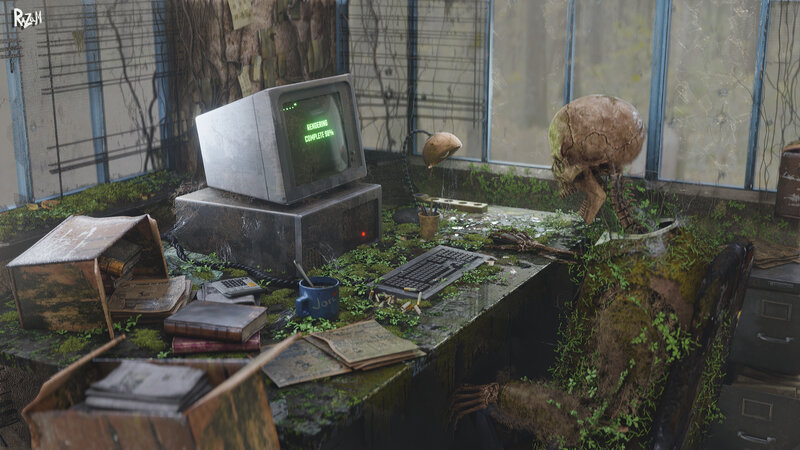 Skeleton at a Desk — Green
