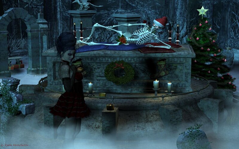 skeleton at christmas grave