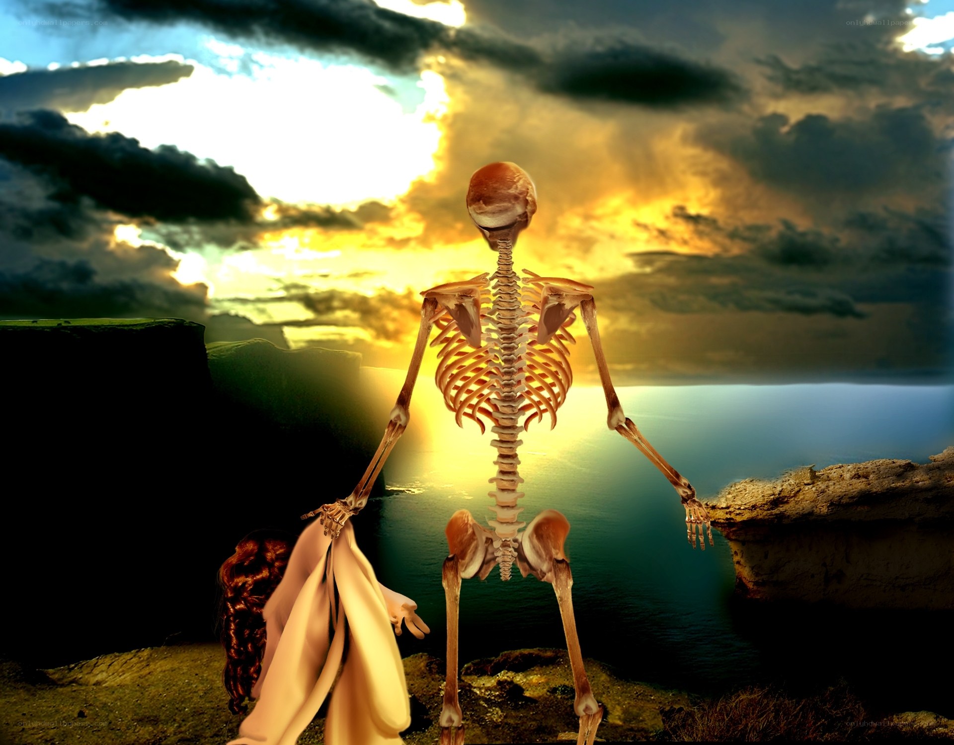 skeleton at sunset by the sea