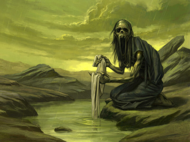 skeleton by a river