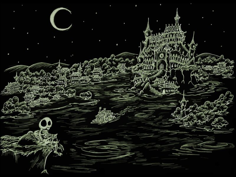 skeleton by the river at night