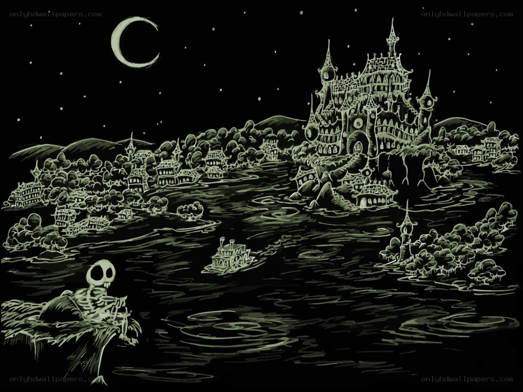 skeleton by the river at night