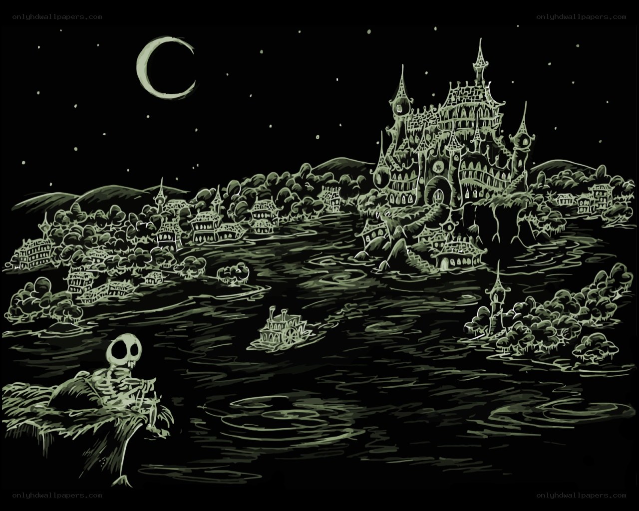 Skeleton by the river at night