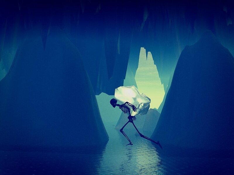 skeleton carrying a glowing object