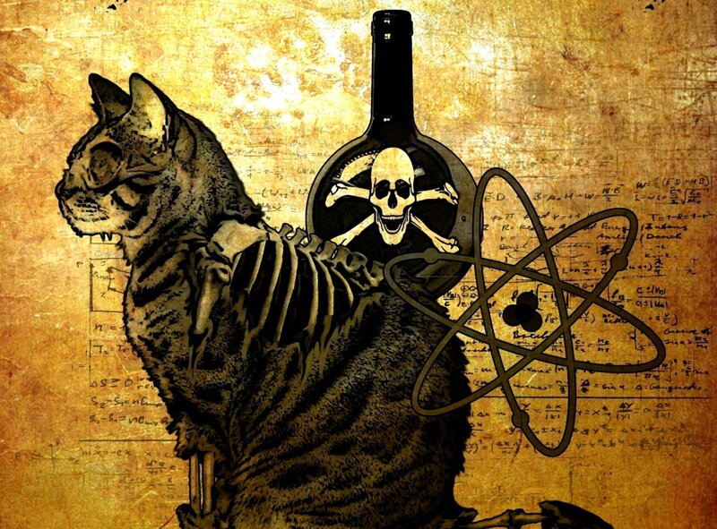 skeleton cat with skull bottle