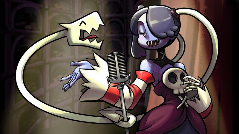 Skeleton character singing into microphone