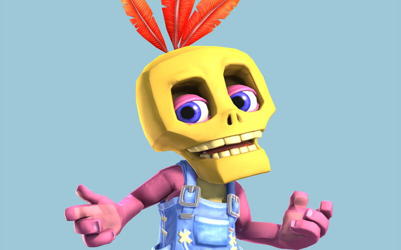skeleton character with feathers