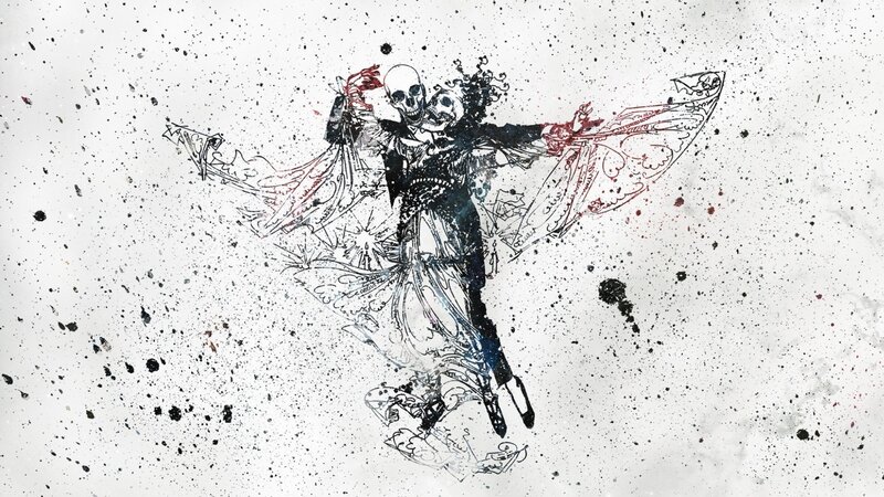Skeleton Couple Dancing — Black, Dramatic, Illustration, Skulls, Wings, Splatters
