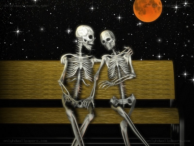 skeleton couple on bench