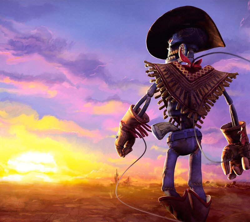 skeleton cowboy at sunset