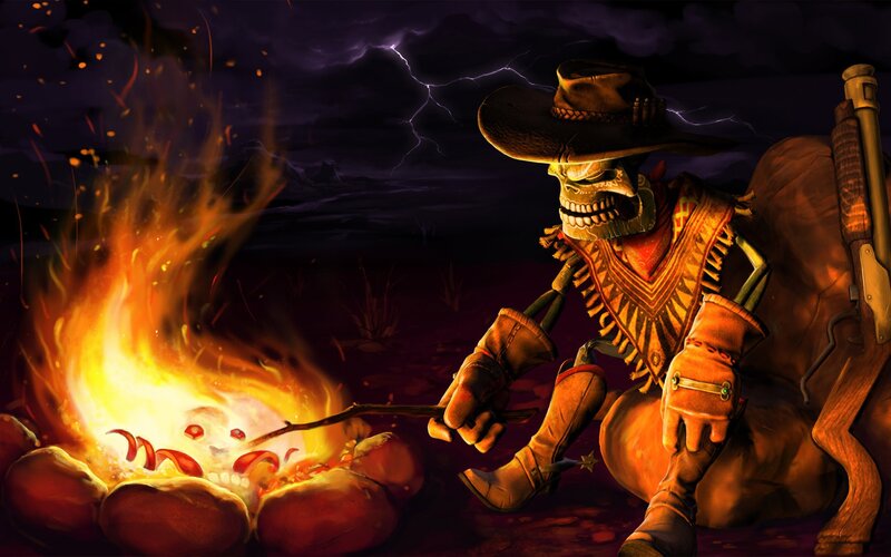 skeleton cowboy by campfire