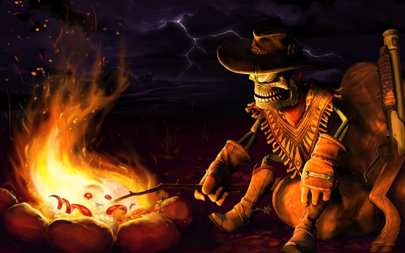 Skeleton Cowboy by Fire — Orange