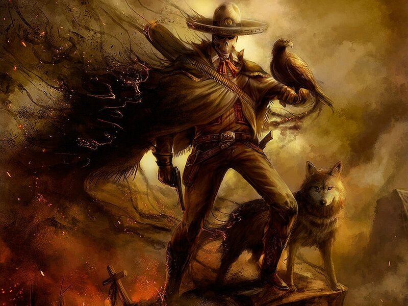 Skeleton Cowboy with Wolf — Brown