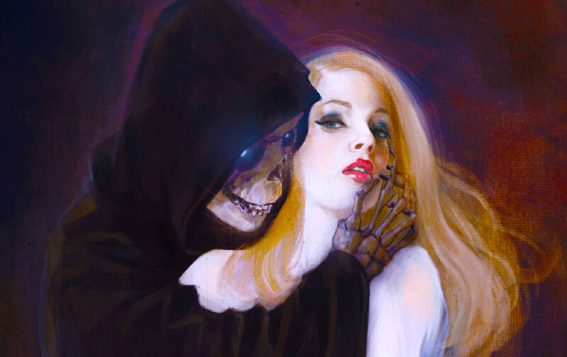Skeleton Embracing Woman — Black