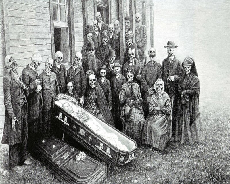 Skeleton Family at Funeral