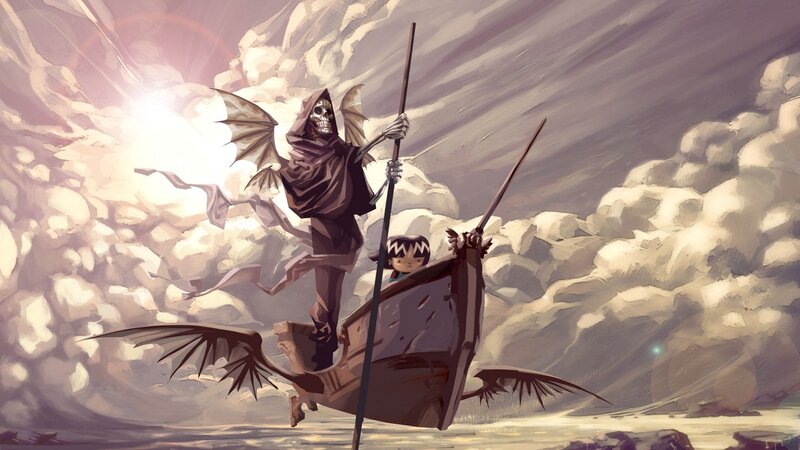 Skeleton Ferryman with Child — Brown, Dramatic