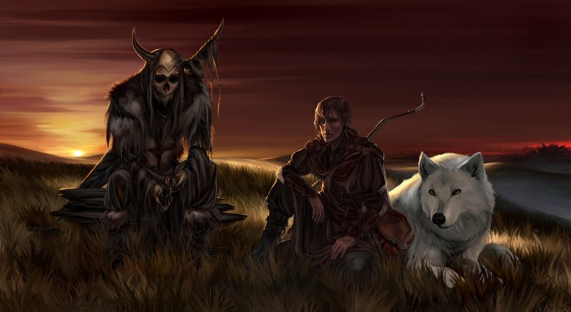 Skeleton Figure with Wolf