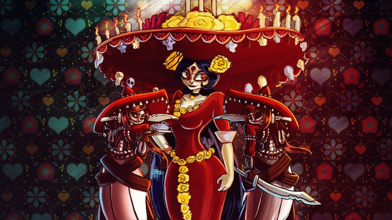 Skeleton Figures in Red Dresses