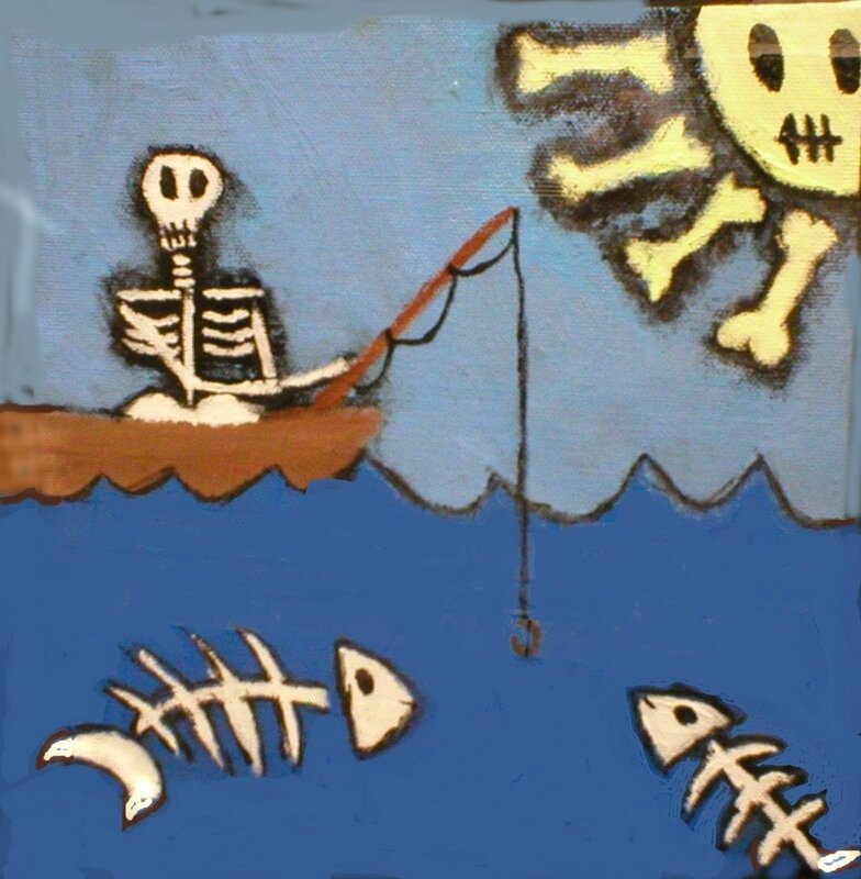 Skeleton Fishing in Boat