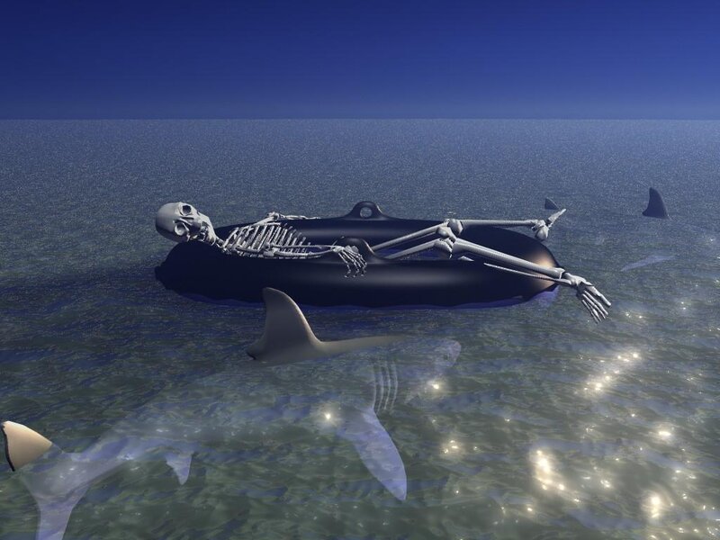 skeleton floating in ocean