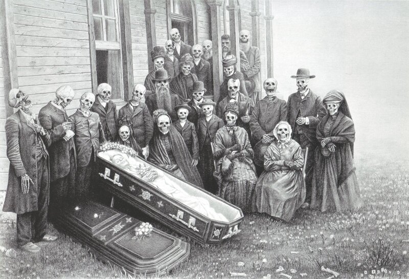 Skeleton funeral gathering