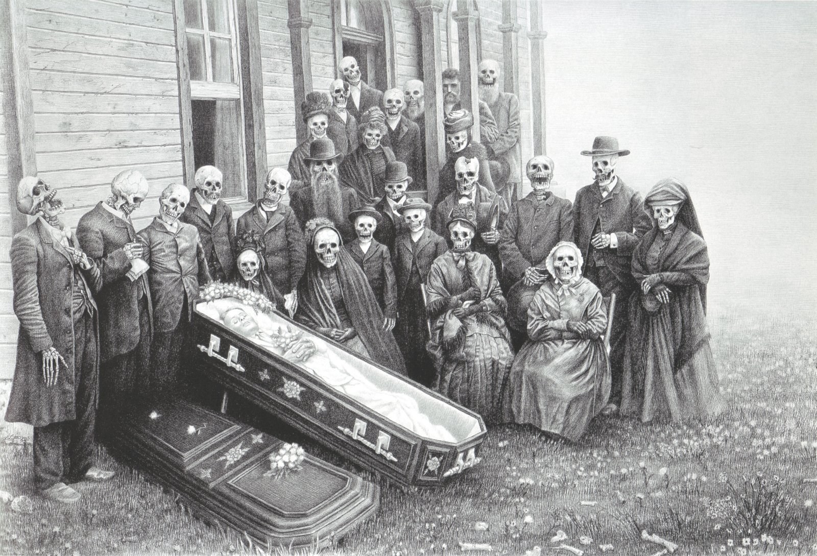 Skeleton funeral gathering