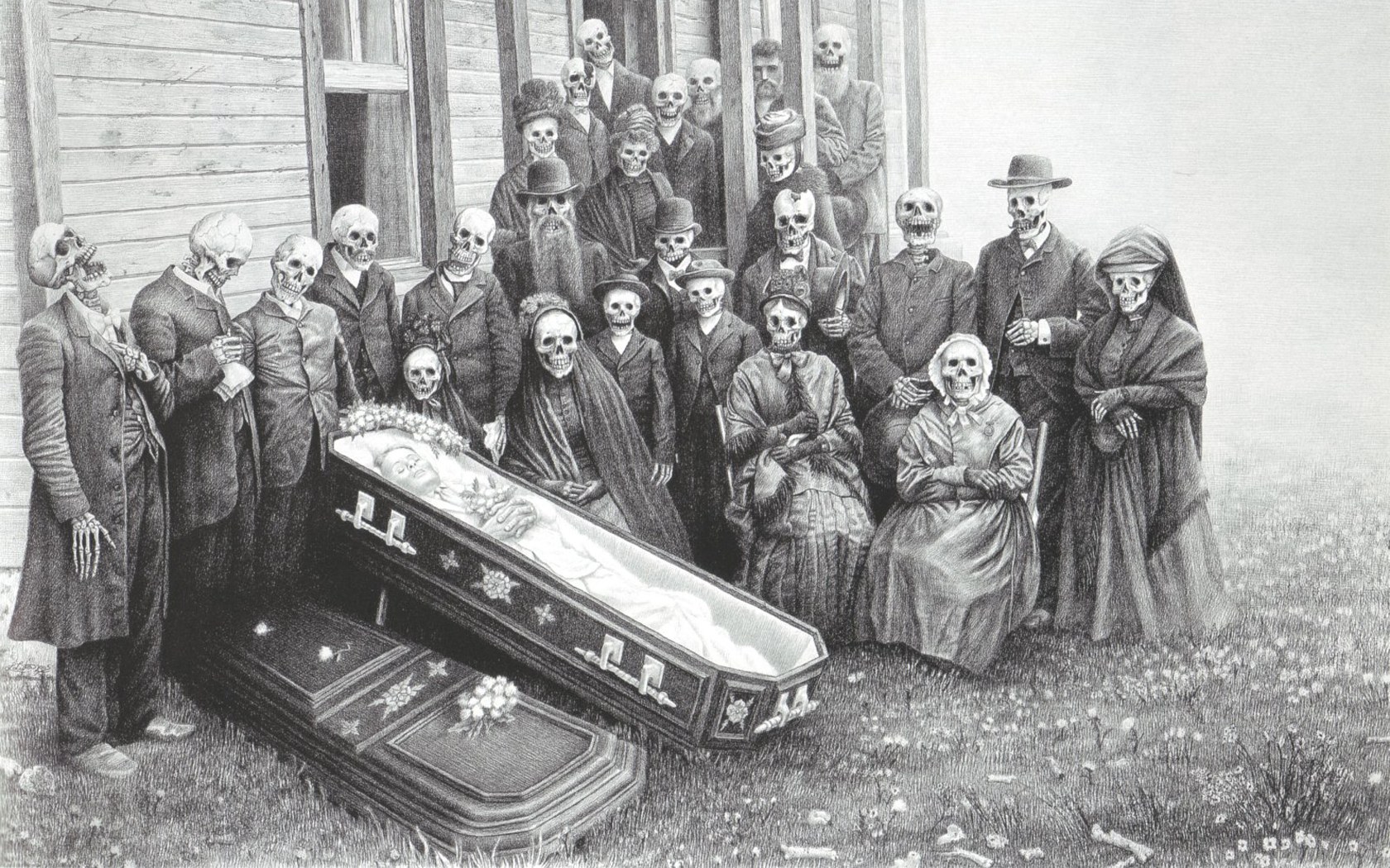 Skeleton funeral gathering
