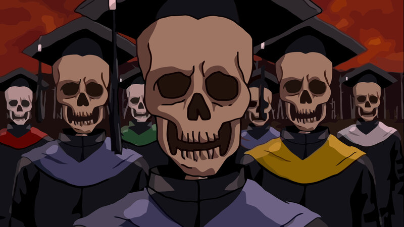 skeleton graduates in a crowd