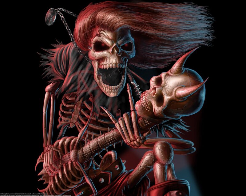 skeleton guitarist with demon skull
