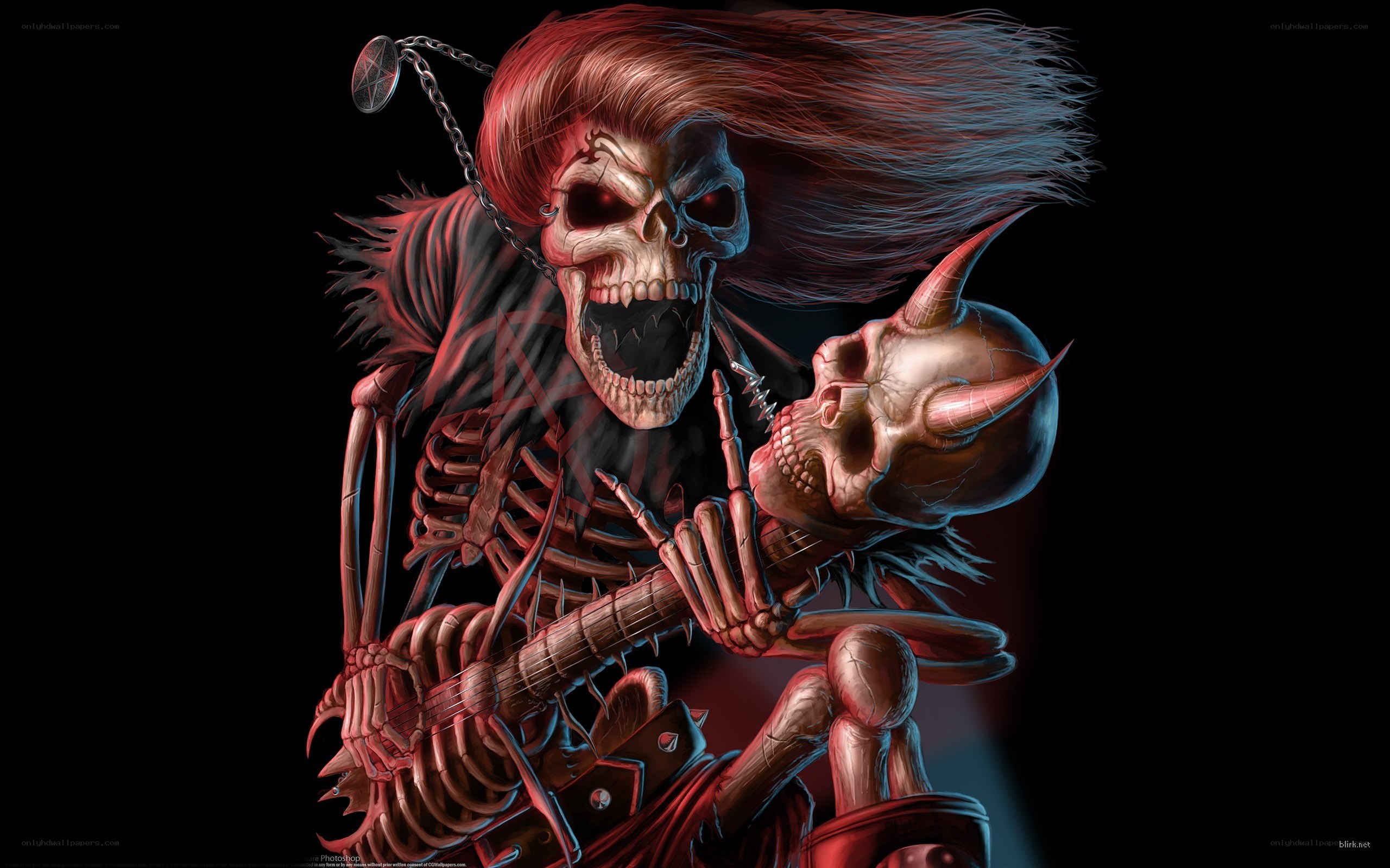 skeleton guitarist with demonic skull