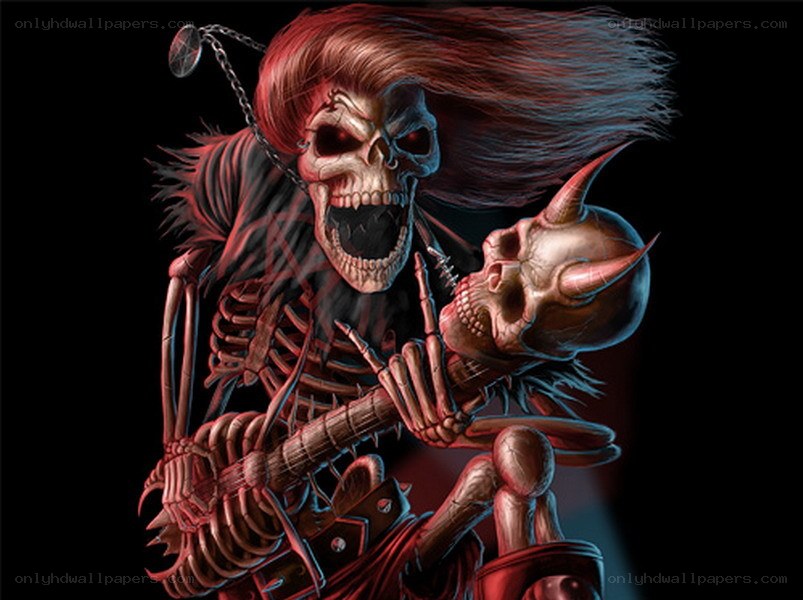 skeleton guitarist with skulls