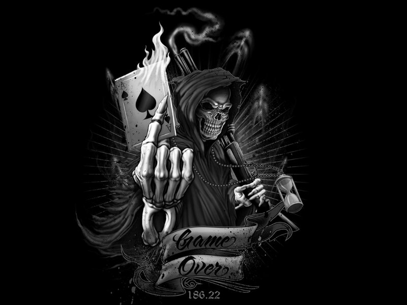 Skeleton Holding Cards — Black, Dark, Digital Art, Hourglass