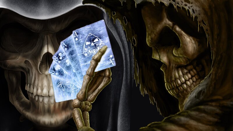 Skeleton Holding Cards — Black, Dark, Digital Art, Skull, Hood, Blue