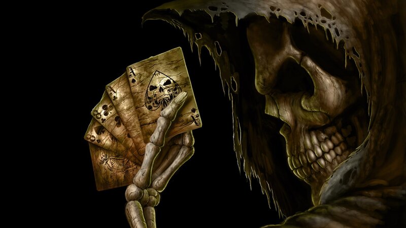 Skeleton Holding Cards — Black, Dark, Digital Art, Skull, Hood