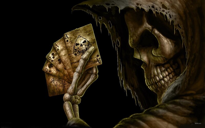 Skeleton Holding Cards — Black, Dark, Digital Art, Skull