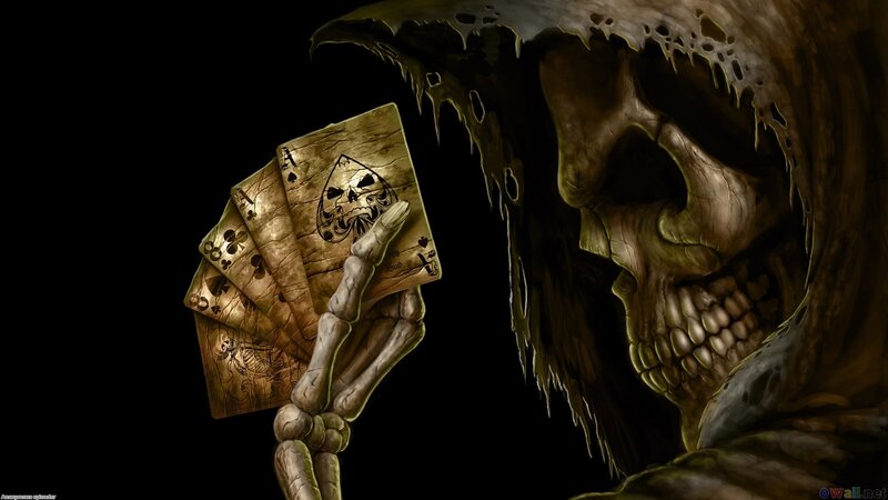 Skeleton Holding Cards — Black, Dark, Night