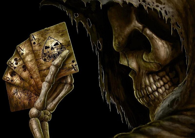 Skeleton Holding Cards — Black, Dark