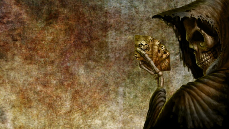 Skeleton Holding Cards — Brown, Dark
