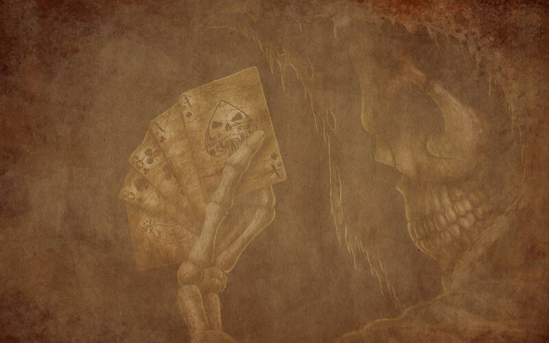 Skeleton Holding Cards — Brown, Dramatic