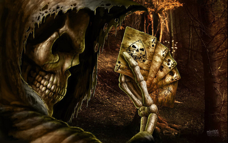 Skeleton Holding Cards — Brown