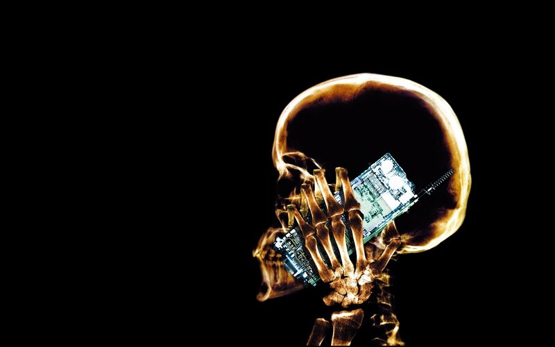 Skeleton Holding Circuit Board — Black, Dramatic