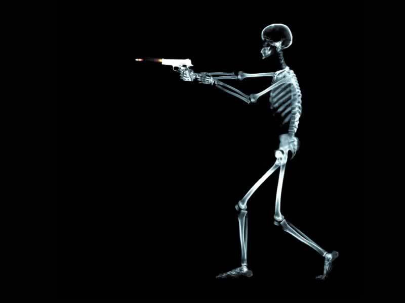 Skeleton Holding Gun — White, Dramatic