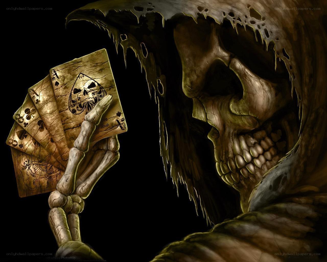 skeleton holding playing cards