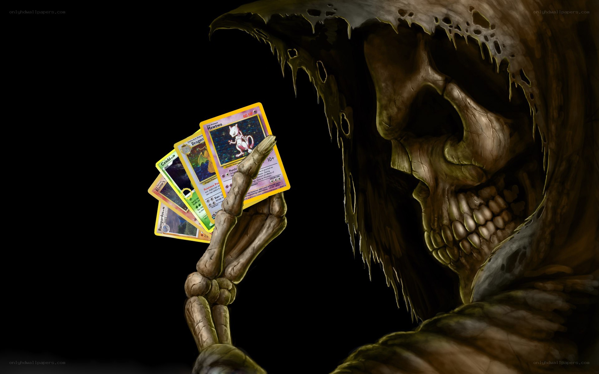 skeleton holding pokemon cards