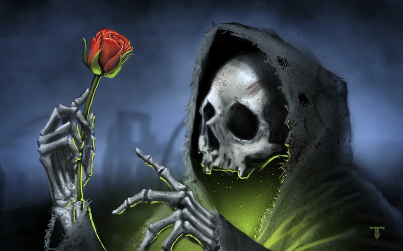 Skeleton Holding Rose — Green